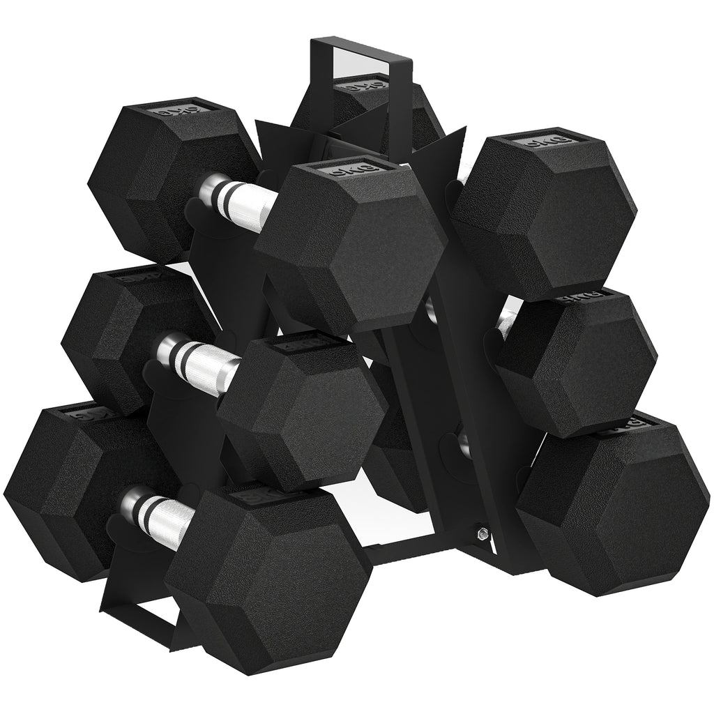 FitNexa Rubber Hex Dumbbell Set with Storage Rack