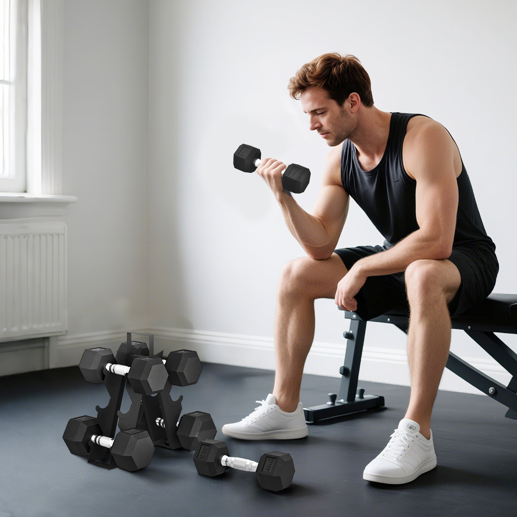 FitNexa Rubber Hex Dumbbell Set with Storage Rack